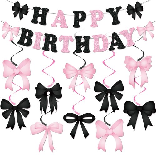Pink and Black Bow Birthday Banner Decorations Glitter Black Pink Happy Birthday Banner Galand and 10Pcs Bow Hanging Swirls Coquette Party Decorations for Girls Women Bday Baby Shower Party Supplies