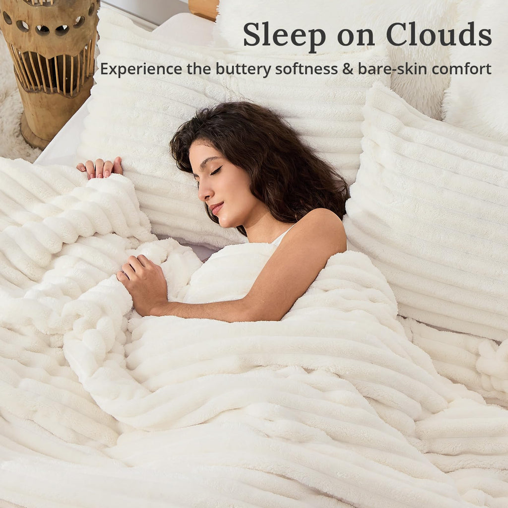 Sasttie Queen Comforter Set 3 Pieces - Super Soft Fleece Comforters Queen Size, 1 Luxury Warm Fuzzy Marshmallow Comforter with 2 Pillow Cases, Faux Fur Down Alternative Bedding Set, Cream White