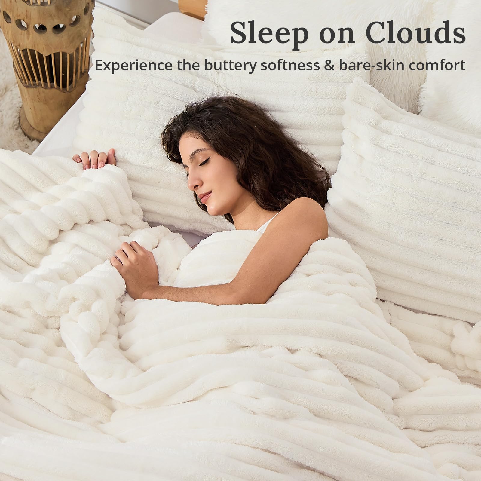 Sasttie Queen Comforter Set 3 Pieces - Super Soft Fleece Comforters Queen Size, 1 Luxury Warm Fuzzy Marshmallow Comforter with 2 Pillow Cases, Faux Fur Down Alternative Bedding Set, Cream White