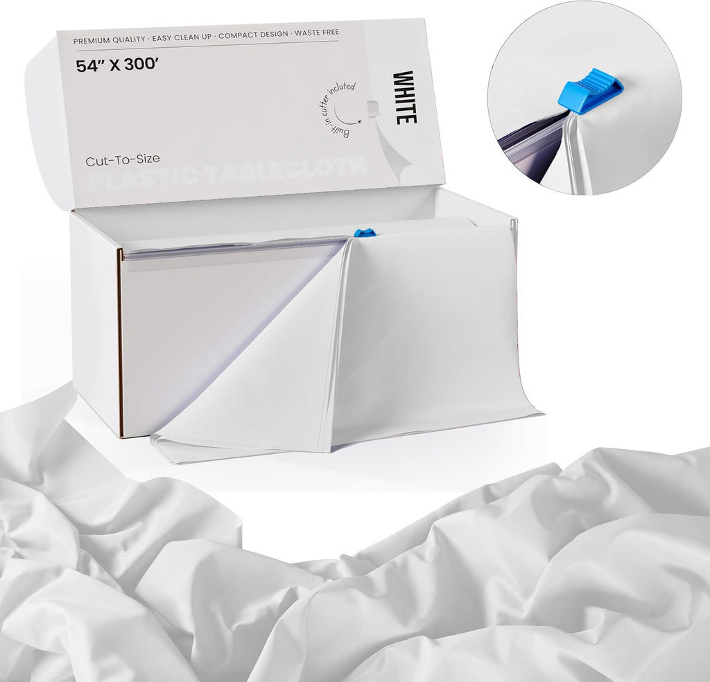 Party Solids White Plastic Table Cover Roll - 54 Inch X 300 Feet with Slide Cutter for Easy Cutting