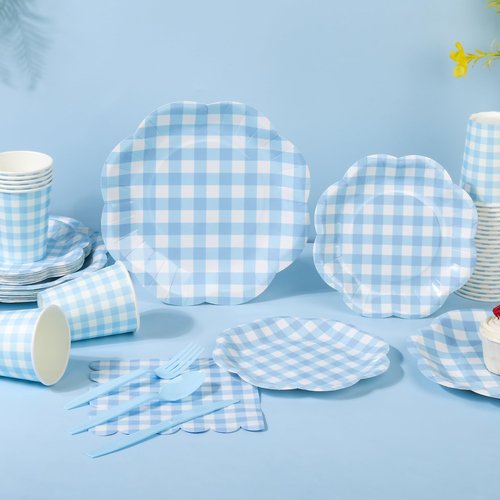 Houuqe 400 Pcs Gingham Party Supplies for 50 Guests Blue and White Scalloped Paper Plates and Napkins Knives Spoons Forks Cups Disposable Checkered Dinner Party Set for BBQ Baby Shower Wedding