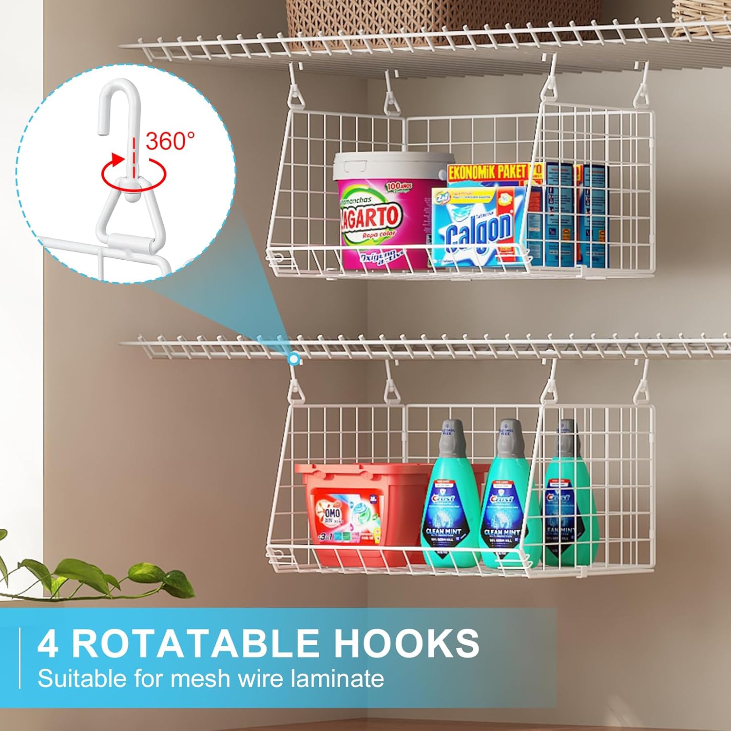 Skiennix 3-Tier Laundry Basket Organizer - Foldable Wire Shelf with 360° Rotating Hooks | Space-Saving White Design
