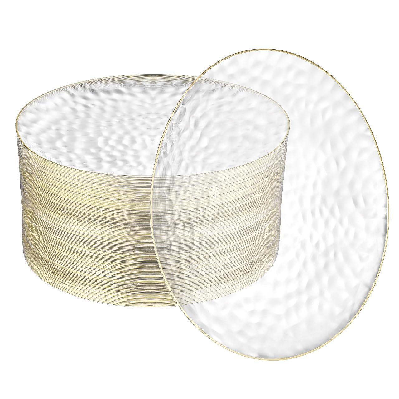 R-kay 100 Pack Clear Plastic Plates For Wedding - 10 IN Hammered Gold Rimmed Sturdy, Durable And Extra Heavy duty Gold Plastic Plates For Party - Bulk Disposable Plates For Weddings