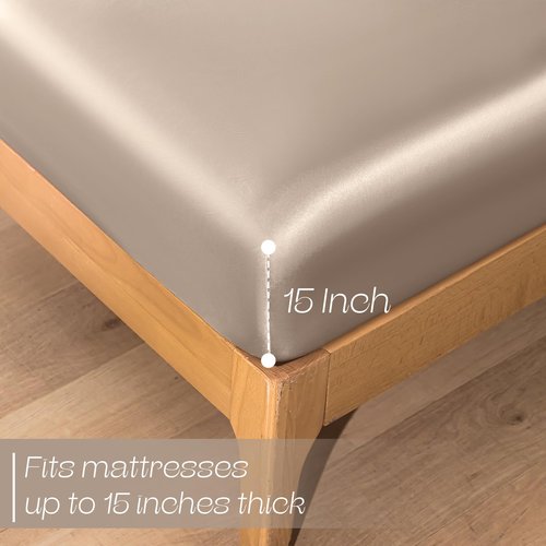 VACVELT 3-Piece Satin Fitted Sheet Set Queen Size, Beige Bottom Bed Sheet with 2 Pillowcases, Similar to Silk Sheets, Luxury & Silky Bedding Set, 15 Inch Deep Pocket