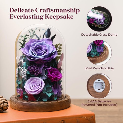 Valentine's Day Flower Gifts for Her - Forever Fresh Flowers Bouquet for Delivery, Preserved Purple Rose in Glass Dome with Light as Birthday Gifts for Women, Mom, Grandma, Friend, Wife, Girlfriend