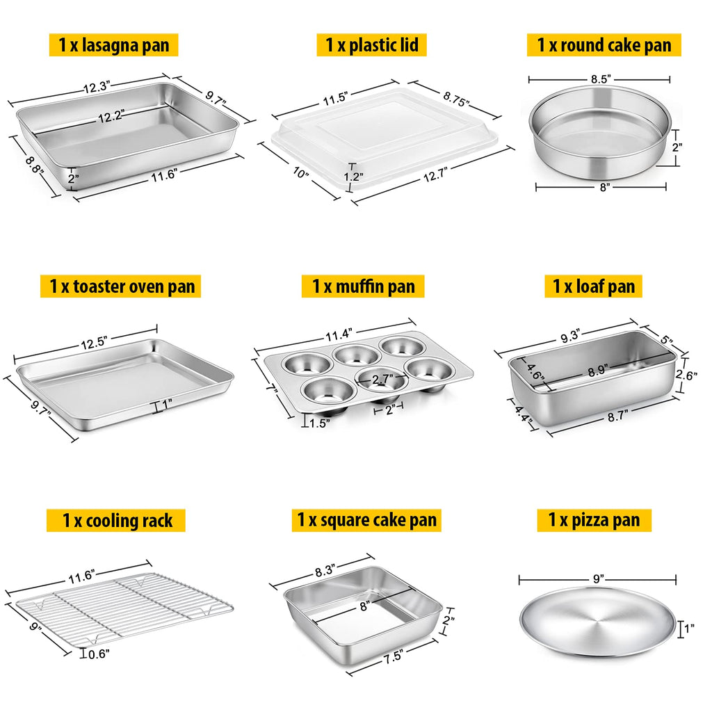 Bakeware Sets, P&P CHEF 9-Piece Stainless Steel Baking Pans Set, Round/Square Cake Pan, Toaster Oven Pan, Lasagna Pan, Loaf Pan, Pizza Pan, Muffin Pan, Dishwasher Safe & Durable, Healthy & Non-toxic