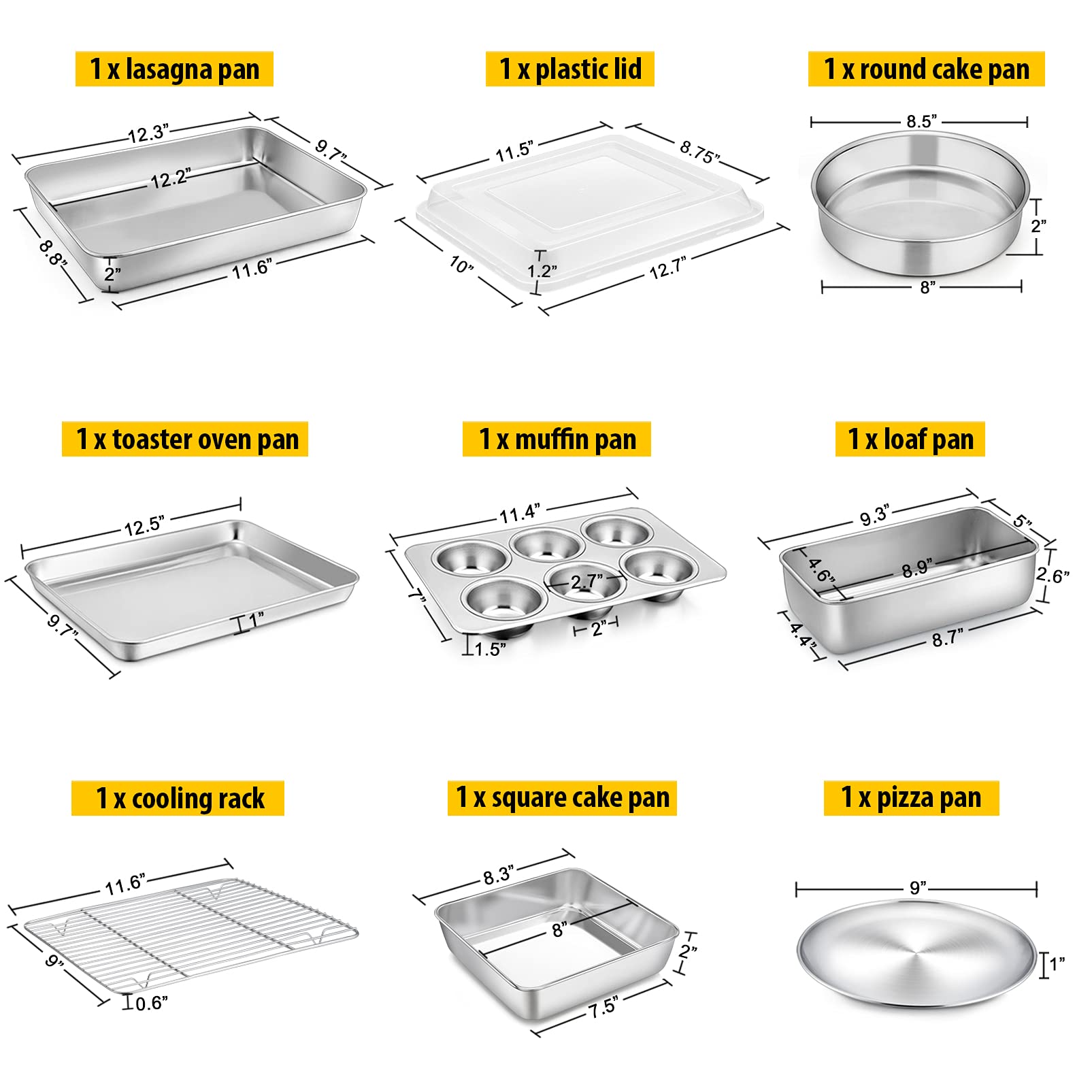 Bakeware Sets, P&P CHEF 9-Piece Stainless Steel Baking Pans Set, Round/Square Cake Pan, Toaster Oven Pan, Lasagna Pan, Loaf Pan, Pizza Pan, Muffin Pan, Dishwasher Safe & Durable, Healthy & Non-toxic