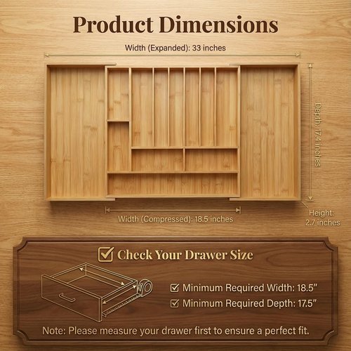 OPRTEU Expandable Kitchen Organizer – Adjustable 33” Wide Utensil Kitchen Drawer with 11 Compartments, Natural Solid Bamboo Construction for Flatware