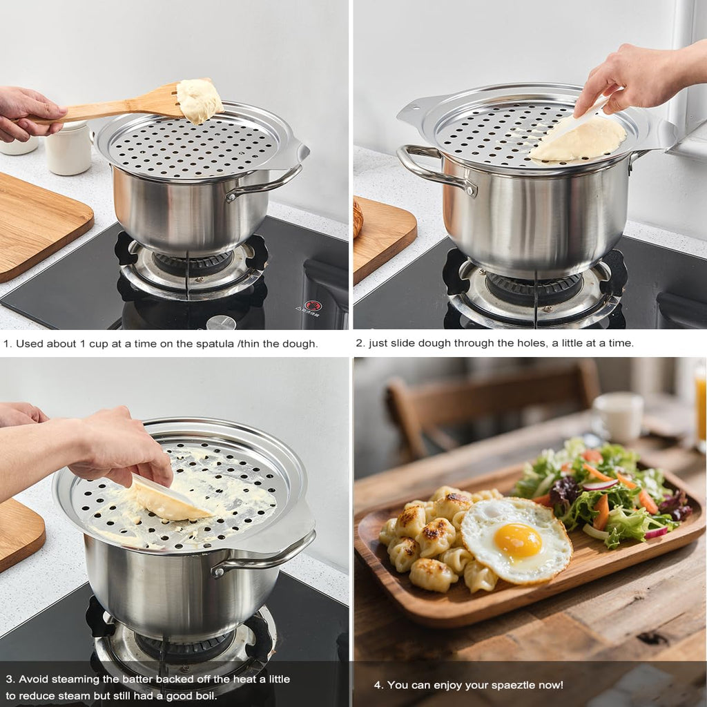 Premium Stainless Steel Spaetzle Maker Lid with Scraper, Traditional German Egg Noodle Maker Tools Pan Pot Pasta Veggies Strainer