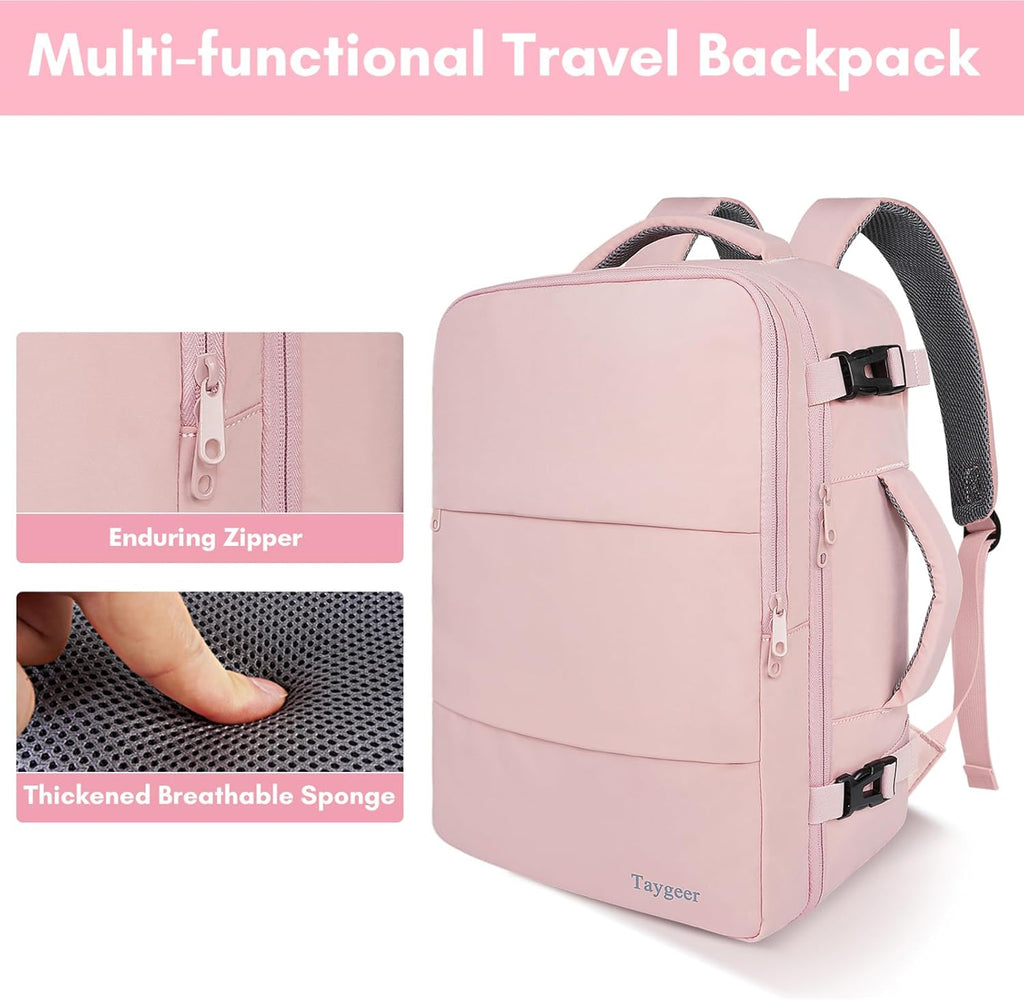 Taygeer Travel Backpack - TSA-Approved 15.6-Inch Laptop Bag with Water Bottle Pocket & Shoe Pouch | Pink
