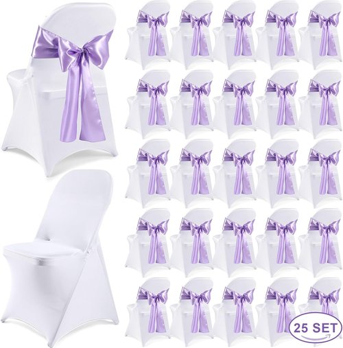 Lounsweer Folding Chair Cover Set - 50 Pcs with 25 Stretch Spandex Slipcovers & Satin Sashes | White & Lavender