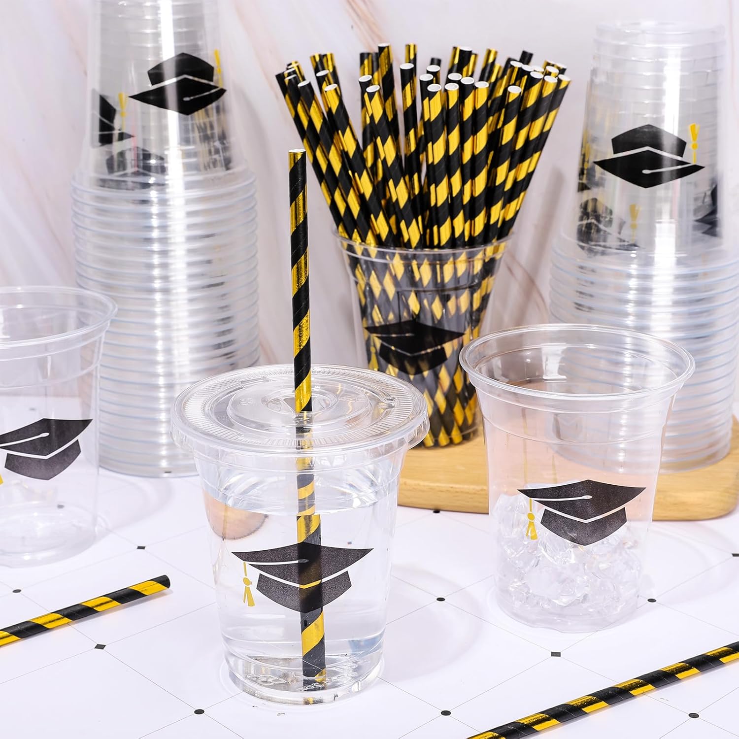 Whaline 50Pcs 12Oz Graduation Cups - Black Plastic Cups with Lids & Straws for Party Supplies