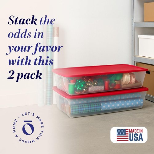 HOMZ Holiday Tote Storage Bins - 2-Pack Clear Plastic Organizers with Lids, 41 Quart, Red