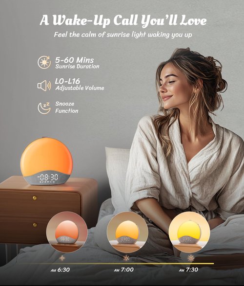 ecozy Sunrise Alarm Clock, White Noise Sound Machine, Alarm Clock for Bedrooms, 26 Soothing Sounds, 17 Night Lights, Bluetooth Speaker, Sunrise Wake-Up Light for Heavy Sleepers, Adults, Kids