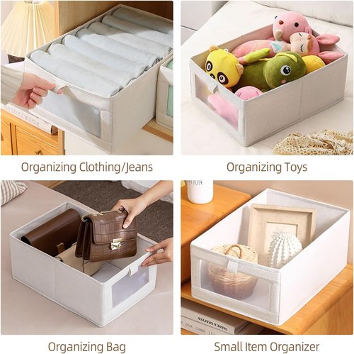 Linen Closet Organizers - 6 Pack Foldable Storage Bins with Clear Window for Clothing & Jeans