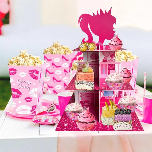 Zliisang Pink Princess Cupcake Stand 3-Tiered Pink Dessert Table Displays Centerpieces for Girls Birthday Party Decorations Princess Baby Shower Table Decorations