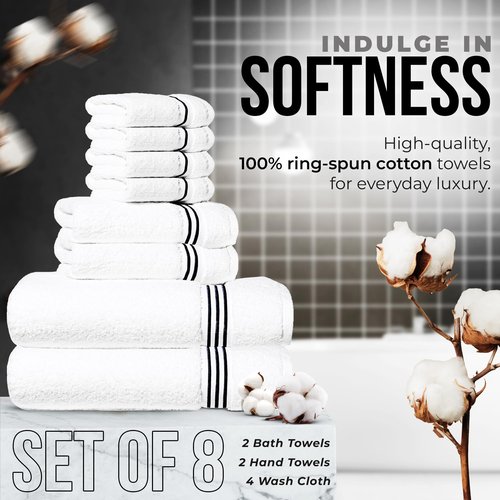 8-Piece Premium Towel Set, 2 Bath Towels, 2 Hand Towels, and 4 Wash Cloths, 100% Ring Spun Cotton Highly Absorbent Towels for Bathroom, Gym, Hotel, and Spa