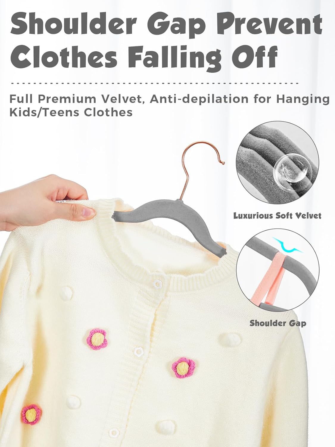 Smartor Kids Velvet Hangers - 50 Pack Premium Non-Slip Felt Hangers for Toddler Clothes | 14 Inch Grey with Rose Gold Hook