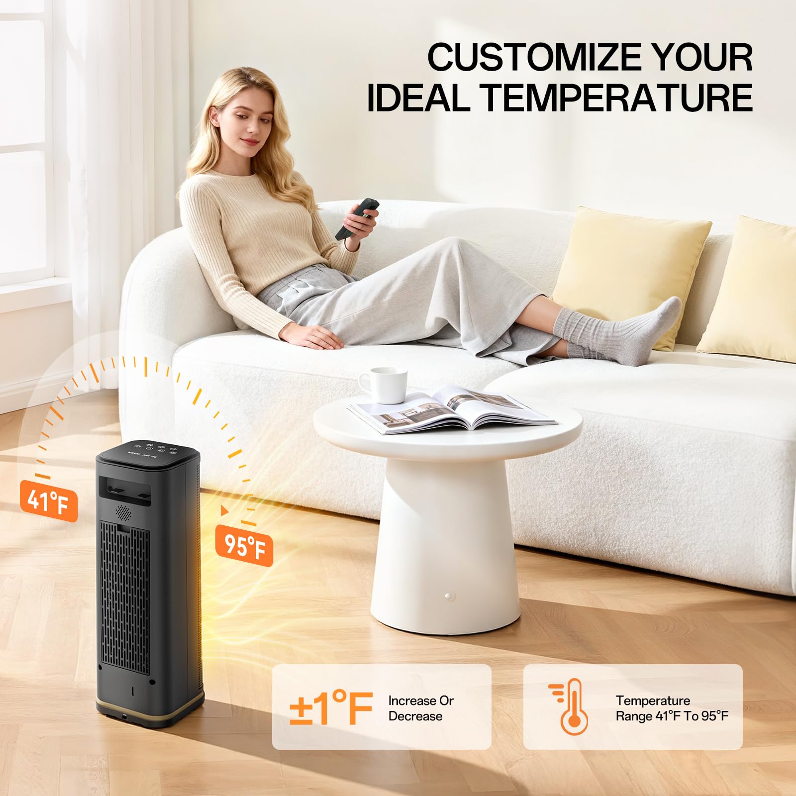 Space Heater, Portable Electric Heaters for Indoor Use with Adjustable Thermostat and Remote, 45° Oscillation, 1-12h Timer, 4 Modes, 1500W PTC Ceramic,Black
