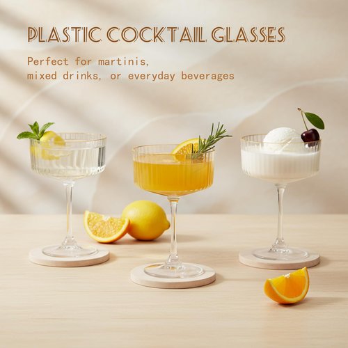 SDBALLBZ Plastic Martini Glasses, Detachable Coupe Glasses, Ribbed Vintage Cocktail Glass with Gold Rim, Unbreakable Reusable BPA-free Stemware for Wedding Anniversary (24pcs, Clear)