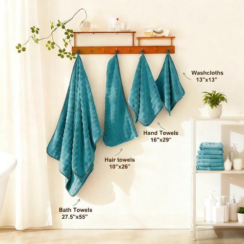 COZYART Lint Free Towel Sets 8 Pcs Teal, Super Soft, Thick, Absorbent & Quick Dry Microfiber 3D Bubble Bathroom Daily Use Set with 2 Bath Towels, 2 Hair Towels, 2 Hand Towels, 2 Washcloths