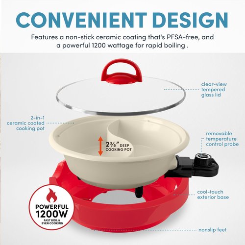 AROMA® Divided Electric Shabu Shabu Hot Pot with PFAS-Free Ceramic-Coated Pot (2.5 Quarts)