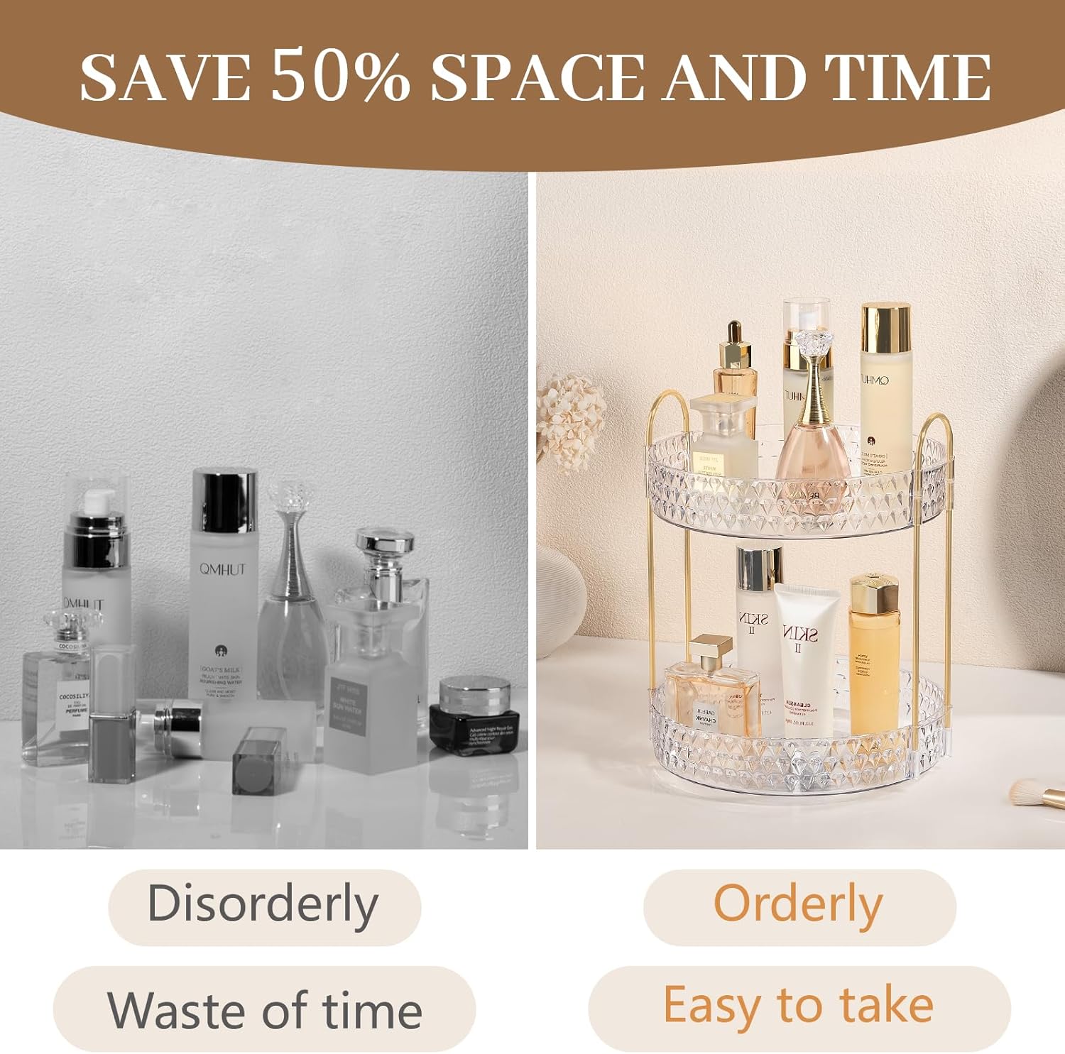 Skiennix Rotating Makeup Organizer - 2 Tier Perfume & Skincare Storage for Vanity | 360 Spinning Clear Holder