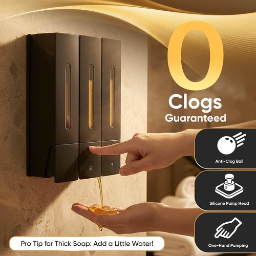 3-Chamber Shampoo, Conditioner & Body Wash Dispenser, Wall-Mounted Shower Soap Dispenser, 1200 ML (3×400 ML) Capacity, No-Drill or Screw Install, Refillable Clear-Window Bottles for Bathrooms & Hotels