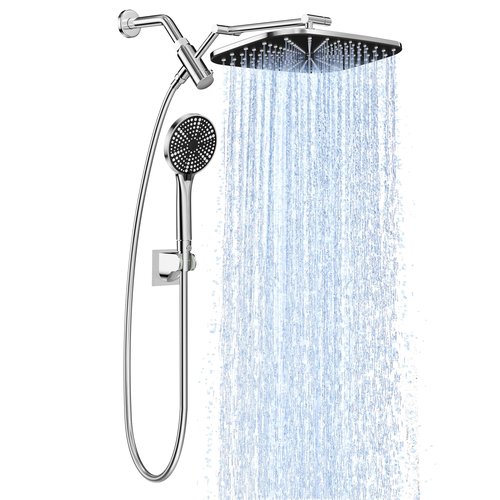 High Pressure Rain Shower Head with Handheld,Wide Rainfall Shower Head Combo with 15" Metal Extension Arm,Detachable Shower head,Rainfall Shower Head with Multi Modes Handheld Spray,Chrome