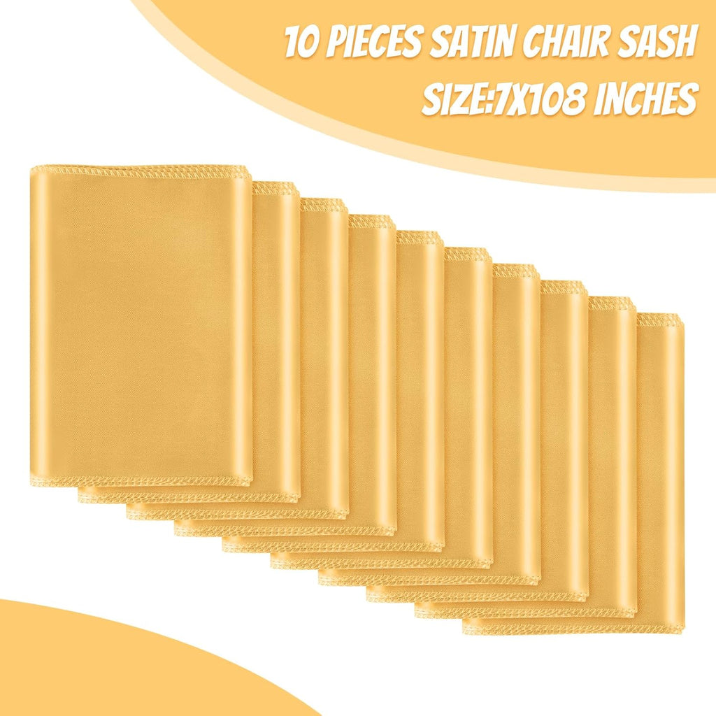 Skiennix Gold Satin Chair Sashes - Elegant Bows for Weddings & Events | 10 PCS, 7x108 Inch