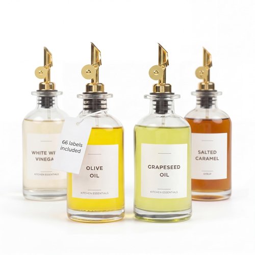 Spaceneat Oil Dispenser for Kitchen - Glass Olive Oil Bottle Set of 4 (11.8oz) with Gold Weighted Self-Closing Pourer - Cooking Oil Dispenser with 66 Labels, Aligner & Funnel