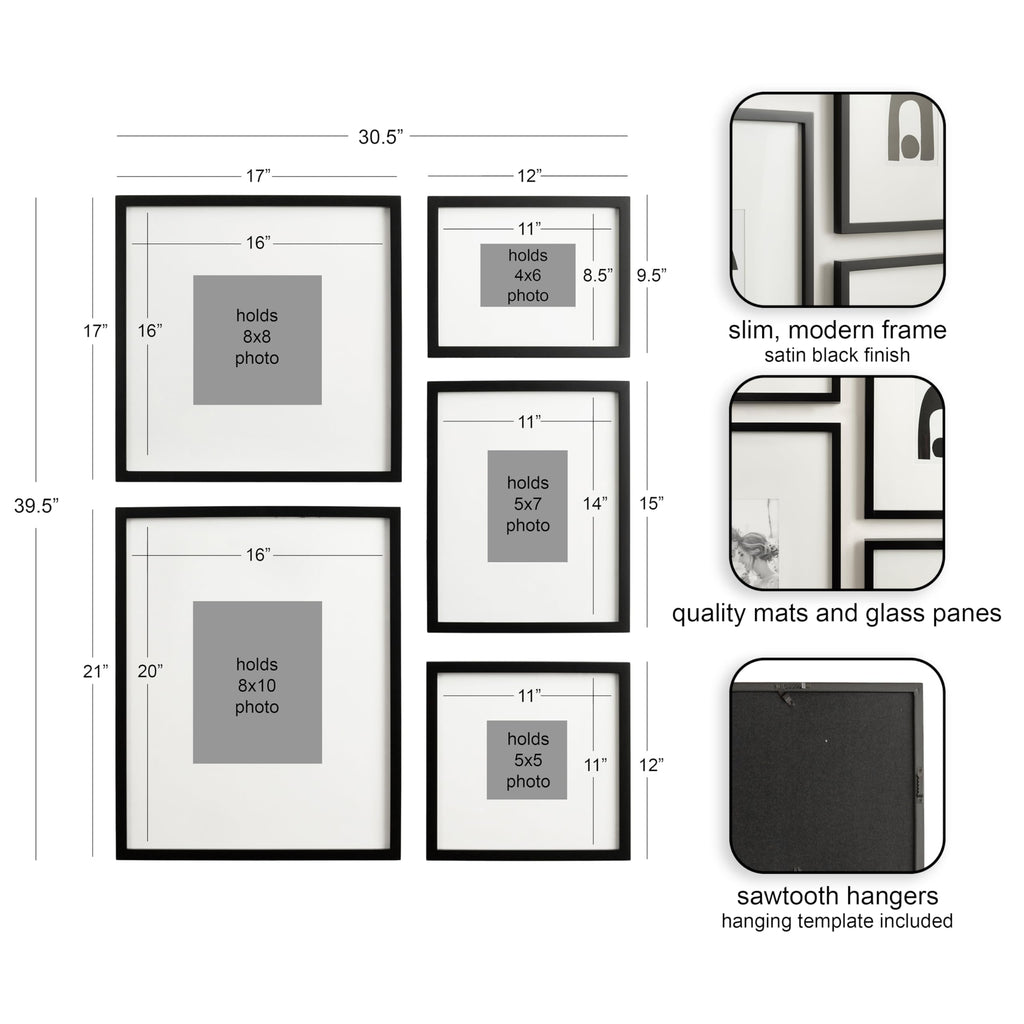 Kate and Laurel Gallery Contemporary Rectangle Picture Frame Set of 5, Varying Sizes, Black, Modern Five-Piece Photo Frames for Gallery Wall Set in Living Room Wall Decor