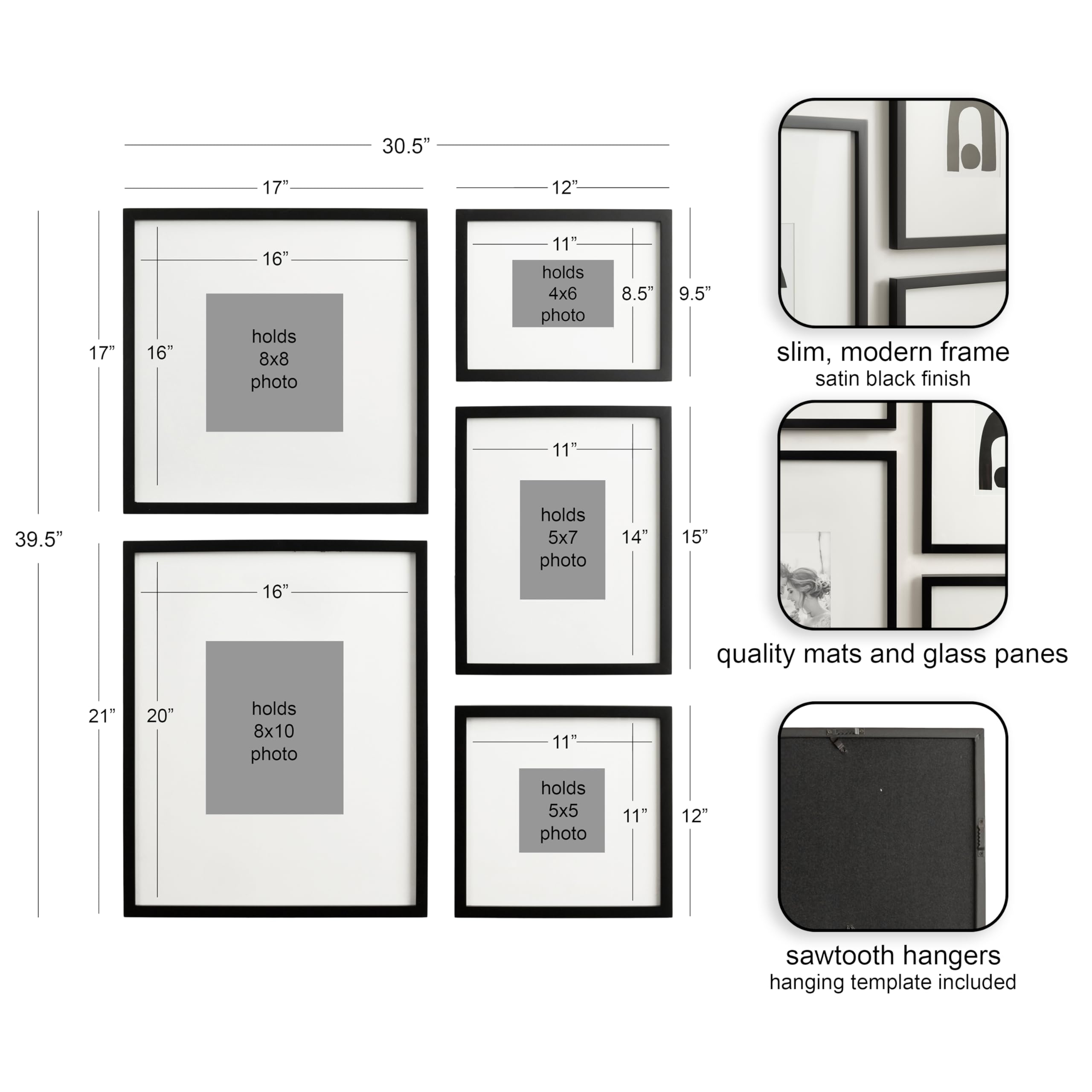 Kate and Laurel Gallery Contemporary Rectangle Picture Frame Set of 5, Varying Sizes, Black, Modern Five-Piece Photo Frames for Gallery Wall Set in Living Room Wall Decor