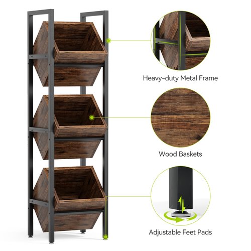 LITTLE TREE 3-Tier Basket Stand, Wooden Floor Stand Shelving Unit, Rustic Standing Organizer Storage Rack for Kitchen, Bathroom, Living Room