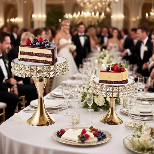 Vidisan 2 Pcs Gold 8/10 Inch Crystal Cake Stand Set Round Cake Stand with Crystal Bling Pendants Dessert Table Display Set for Wedding Event Birthday Party Dessert Table