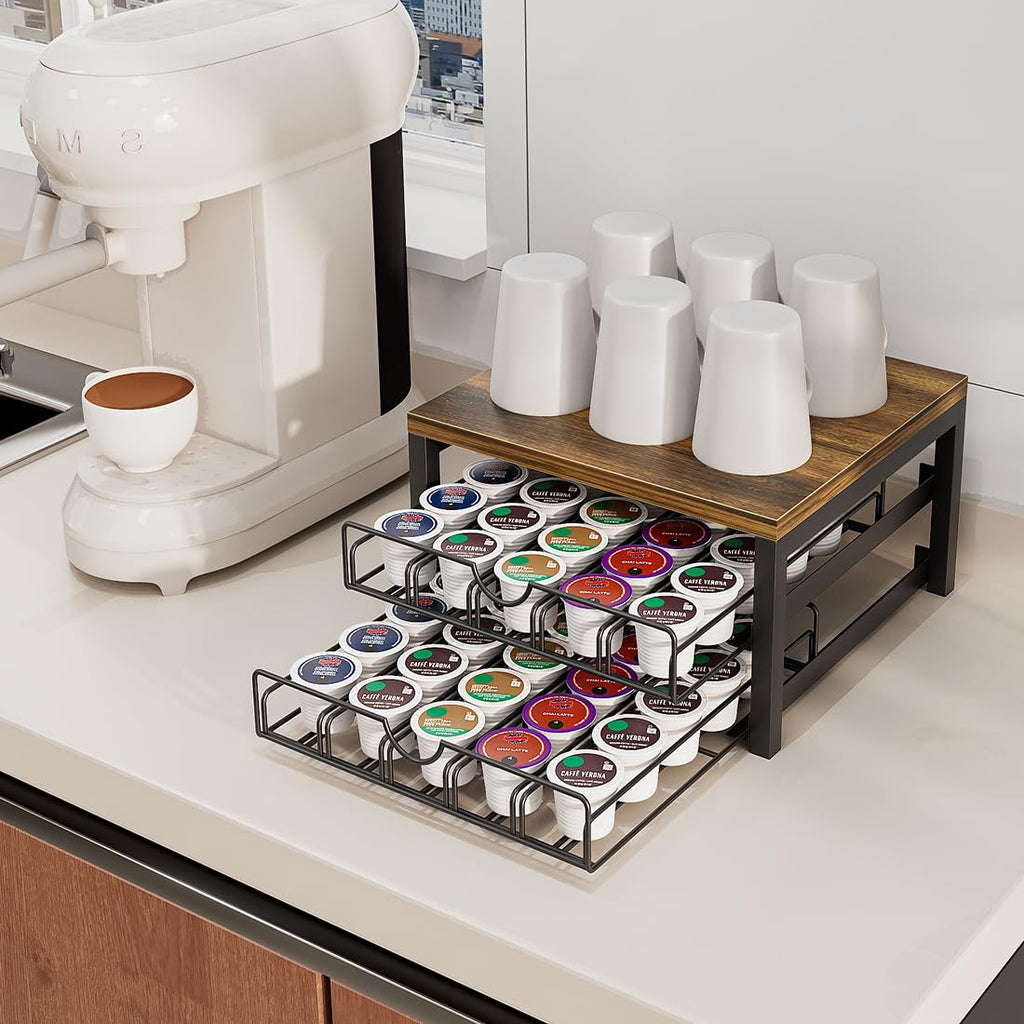 Dazioter Coffee Pod Holder Drawer 2 Tier for K Cup Capsule Pods Storage Organizer Under Coffee Pot Storage Sliding Drawer (Black, 2 Tier)