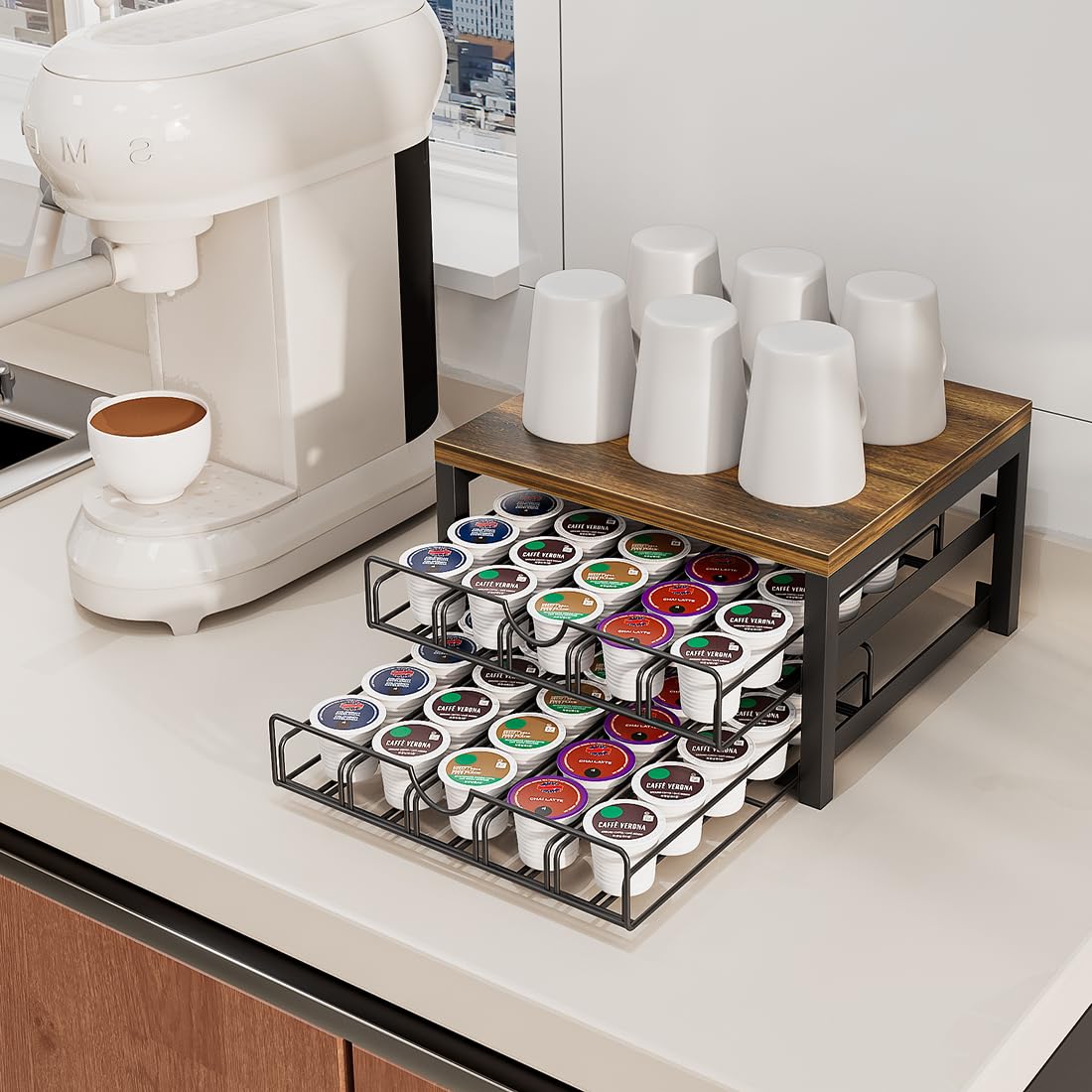 Dazioter Coffee Pod Holder Drawer 2 Tier for K Cup Capsule Pods Storage Organizer Under Coffee Pot Storage Sliding Drawer (Black, 2 Tier)