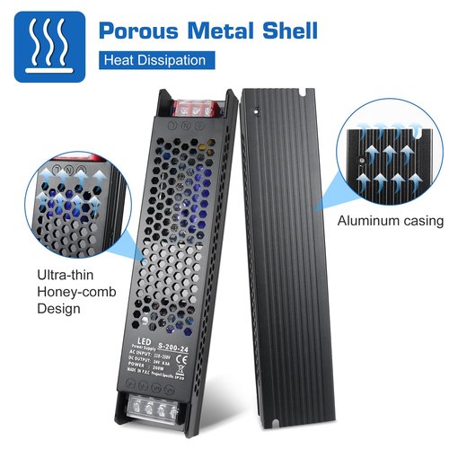 PZETCEIR LED Driver 24V 200W 8.3A Slim LED Power Supply, AC 100-250V to 24V DC Adapter, Constant Voltage Transformer for LED Strip Lights, Bulbs, Garden Light, Cabinet Lights