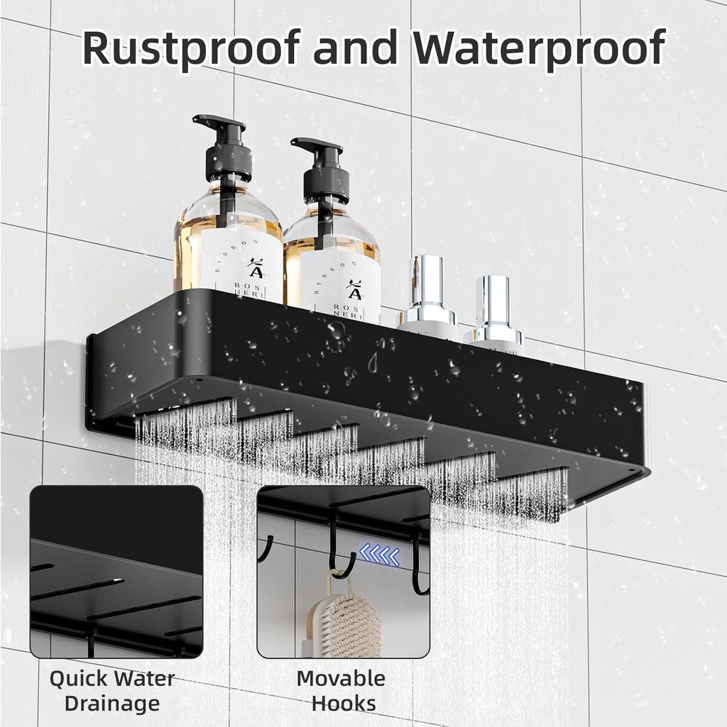 Wisfame Shower Caddy - No Drill Rustproof Aluminum Bathroom Shelf | 2 Pack Large Capacity with 5 Hooks - Black
