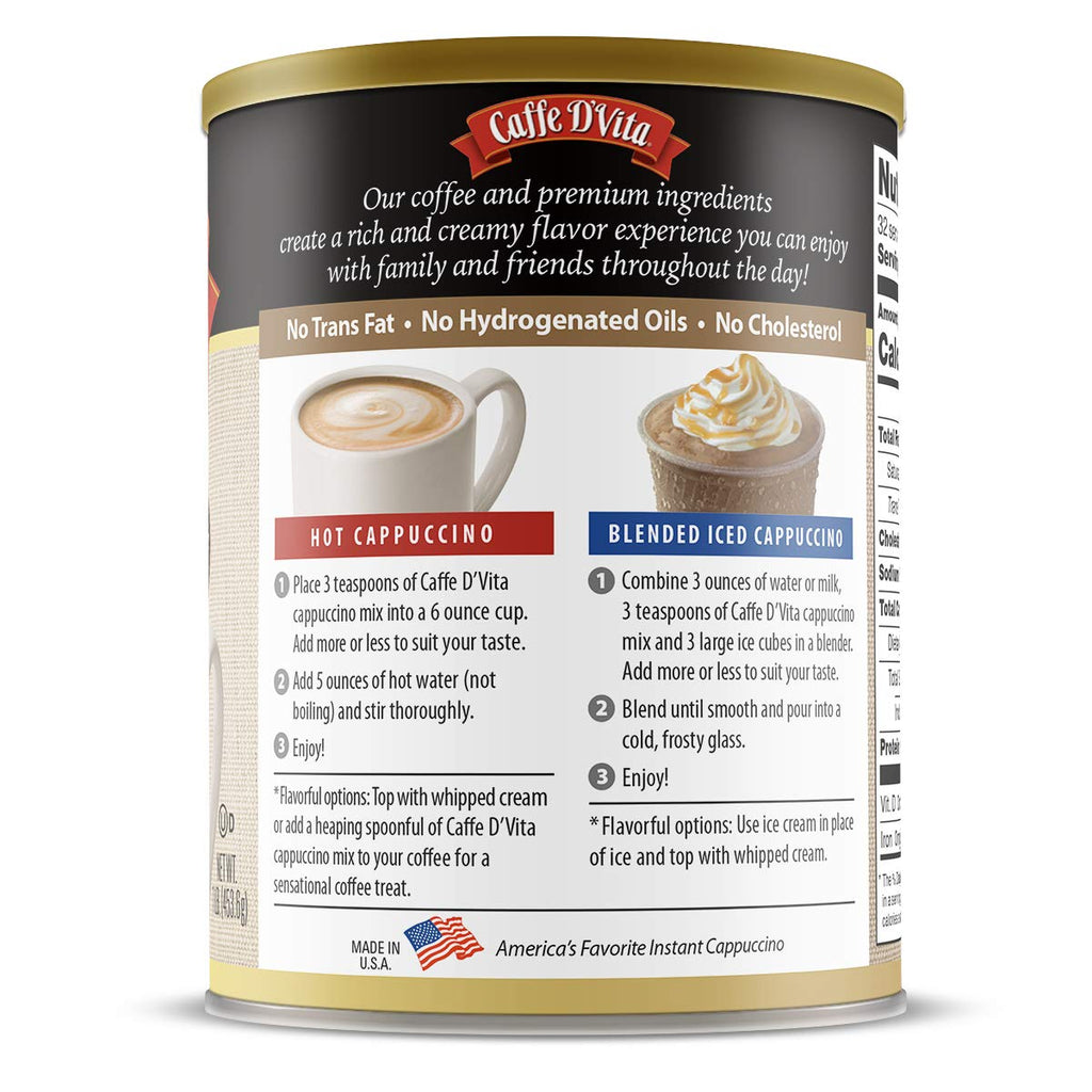Caffe D'Vita Amaretto Cappuccino Mix - No Cholesterol, No Trans Fat, 99% Caffeine Free, Gluten Free, Instant Cappuccino Mix - 1 lb. can (16 oz.)