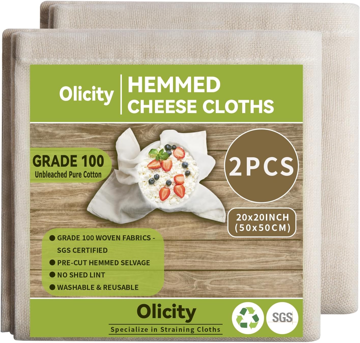 Olicity Cheesecloth - Grade 100 Unbleached Muslin Strainer Cloths | 20x20 Inch, Reusable - 2 Pack
