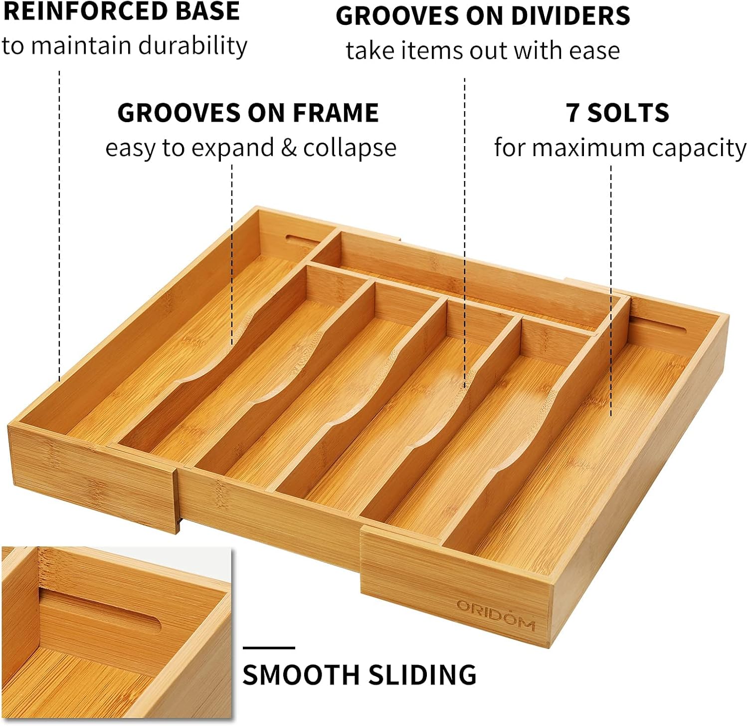 Skiennix Expandable Bamboo Kitchen Drawer Organizer - Adjustable Cutlery Tray for Flatware | Natural Finish