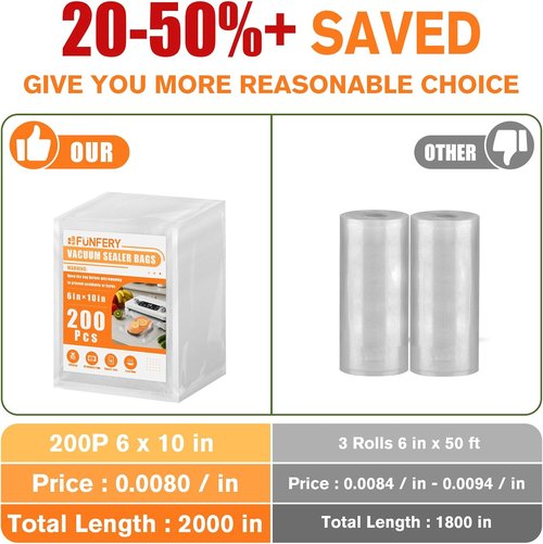 FUNFERY Vacuum Sealer Bags - 200 Pint 6" x 10" | BPA-Free for Long-Term Food Storage & Sous Vide