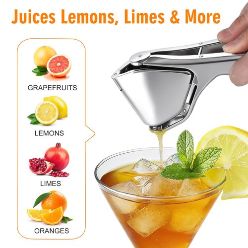 Lemon Squeezer, Stainless Steel Lemon Juicer, Manual Juicer for Lemon Citrus Lime, Foldable Handheld Citrus Squeezer with Seed-Strainer (Silver)