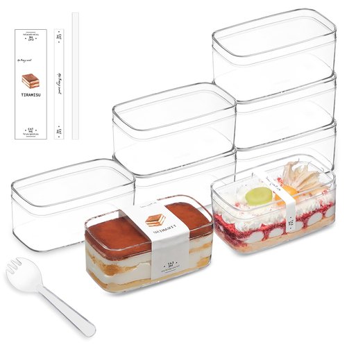 FZJ 10OZ Rectangle Clear Plastic Cups with Lids and Sporks&Stickers Disposable Fruit Cups for Dessert,Tiramisu container with lid,Cupcake,Parfait,Pudding,Iced Cold Drinks,Fruits,Bakeries (50)