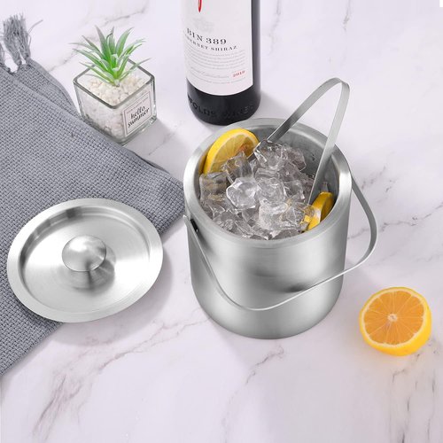 Mini Ice Bucket Portable Double Wall Ice Bucket with Tong,Stainless Steel Hotel Bucket/Champagne/Beverage Bucket,Size 1.3 Liters 5.5 x 5.5 in,Serveware for Party,Event,and Camping.