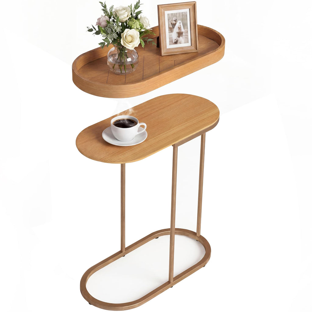 Small End Table with Removable Tray, C Shaped Narrow Side Table for Living Room, Modern TV Tray Wood Top Metal Stand, 11" W