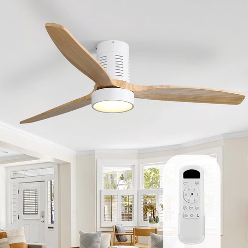 Sofucor 52 Inch Ceiling Fans with Lights and Remote Control, Modern Low Profile Flush Mount Wood Ceiling Fan, LED Dimmable, 6 Speeds Quiet DC Motor, Indoor/Outdoor Ceiling Fan for Bedroom Living Room