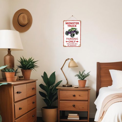 Monster Truck Parking Only Metal Sign, Boys Bedroom Monster Truck Parking Wall Decor, Birthday Decorations Party Supplies, Monster Truck Wall Decor Poster for Boys Kids, 8x12 Inch