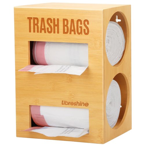 Libreshine Extra Large Bamboo 2-in-1 Trash Bag Dispenser & Roll Holder – Fits Costco Kirkland & Members Mark Jumbo Rolls, Wall/Under-Sink/Cabinet Mountable, Dual-Slot Storage for 2 Rolls
